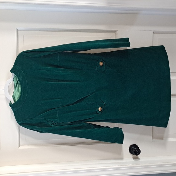 Vintage Velvet Classy Dark Green Shift Tailored Holiday Front Gold Button Dress - Picture 2 of 10